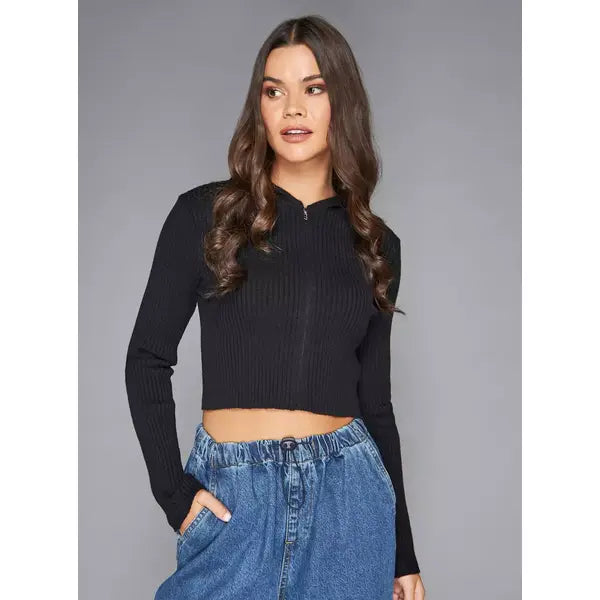 MAX FASHION Ribbed Zip Through Cropped Jacket with Hood-Black