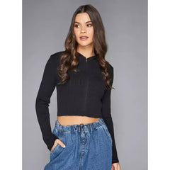 MAX FASHION Ribbed Zip Through Cropped Jacket with Hood-Black