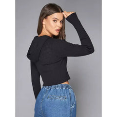 MAX FASHION Ribbed Zip Through Cropped Jacket with Hood-Black