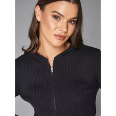 MAX FASHION Ribbed Zip Through Cropped Jacket with Hood-Black