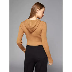 MAX FASHION Ribbed Zip Through Cropped Jacket with Hood-Brown