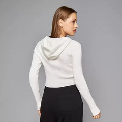 MAX FASHION Ribbed Zip Through Cropped Jacket with Hood-White