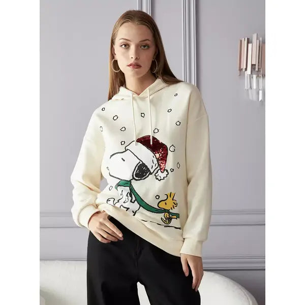MAX FASHION Snoopy Print Hooded Sweatshirt-Cream