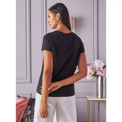MAX FASHION Stitch Print T-shirt-Black
