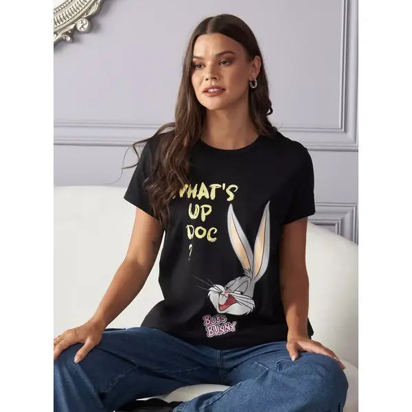 MAX FASHION Bugs Bunny Print T-shirt-Black