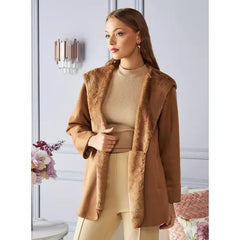 MAX FASHION Hooded Suede Longline Sherpa Jacket-Brown
