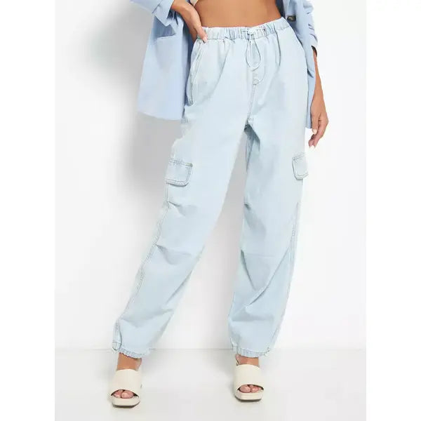 MAX FASHION Plain Parachute Cargo Jeans-Blue