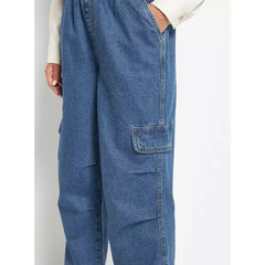 MAX FASHION Plain Parachute Cargo Jeans-Blue