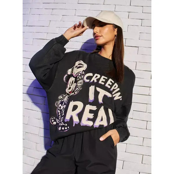 MAX FASHION Mickey Mouse Print Sweatshirt-Black