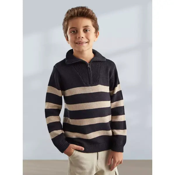 Striped High Neck Sweater with Long Sleeves Blue