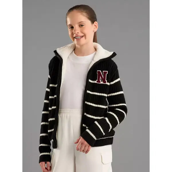 Striped Fur Textured Zip-Through Sweater Black