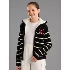 Striped Fur Textured Zip-Through Sweater Black