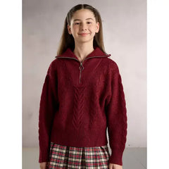 Max fashion Textured High Neck Half Zip Sweater Red