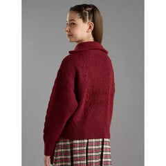 Max fashion Textured High Neck Half Zip Sweater Red