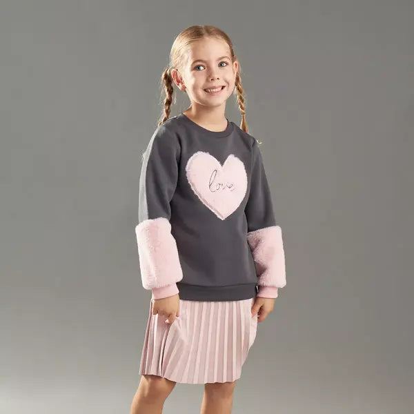Max fashion Pleated Sweat Dress with Fur Trim gray