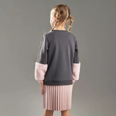 Max fashion Pleated Sweat Dress with Fur Trim gray