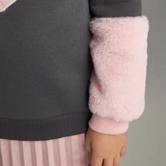 Max fashion Pleated Sweat Dress with Fur Trim gray