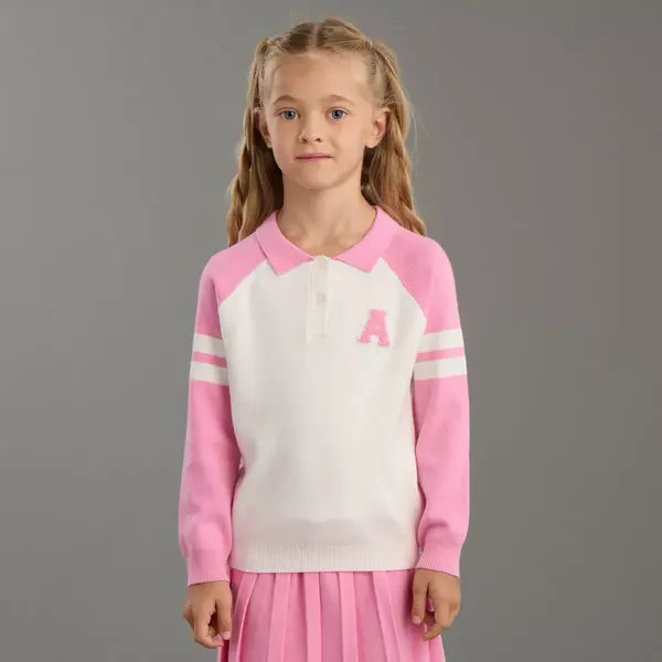Max fashion Varsity Applique Sweater with Skirt pink