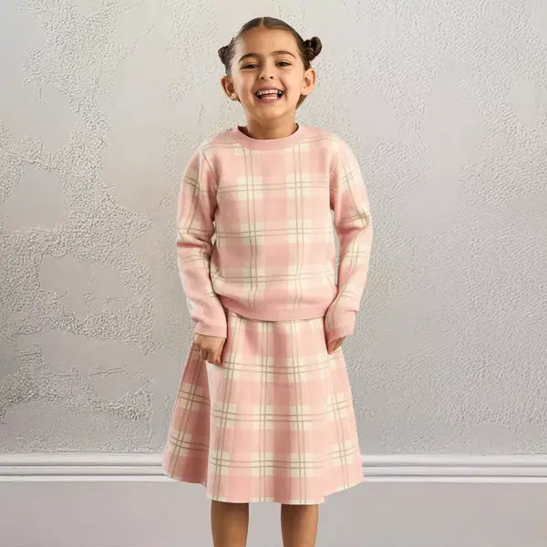 Max fashion Checked Sweater and Skirt Set pink