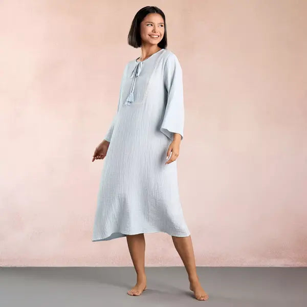 Max fashion Embroidered Night Dress with Tie-Ups blue