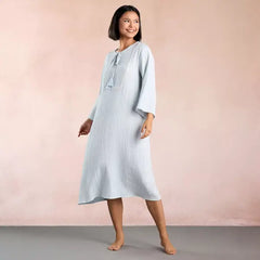 Max fashion Embroidered Night Dress with Tie-Ups blue