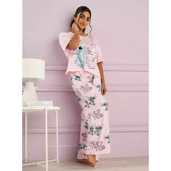 MAX FASHION Stitch and Angel Print Pyjama Set-Pink