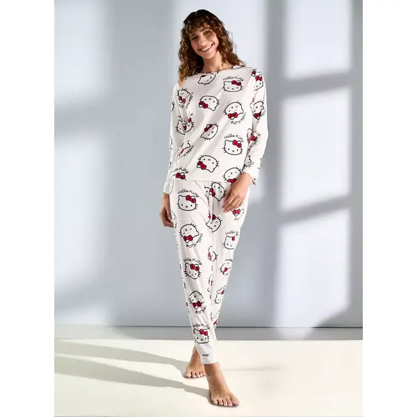 MAX FASHION All-Over Hello Kitty Print T-shirt and Pyjama Set-Cream