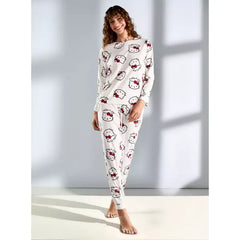 MAX FASHION All-Over Hello Kitty Print T-shirt and Pyjama Set-Cream