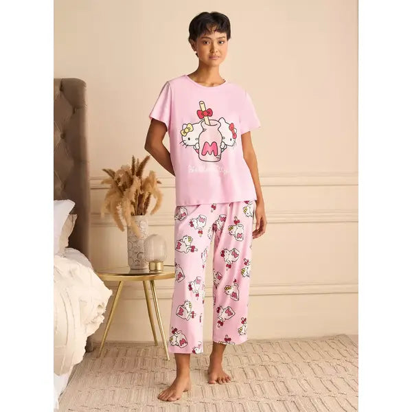 MAX FASHION Hello Kitty Print Cotton Pyjama Set-Pink