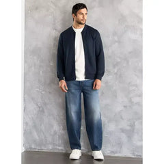 Plain Quilted Bomber Jacket with Pockets - Blue