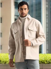 Plain Felt Shacket with Pockets - Cream
