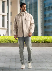 Plain Felt Shacket with Pockets - Cream