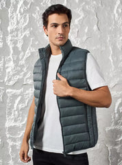 Plain Sleeveless Puffer Jacket with Zip Closure - Green