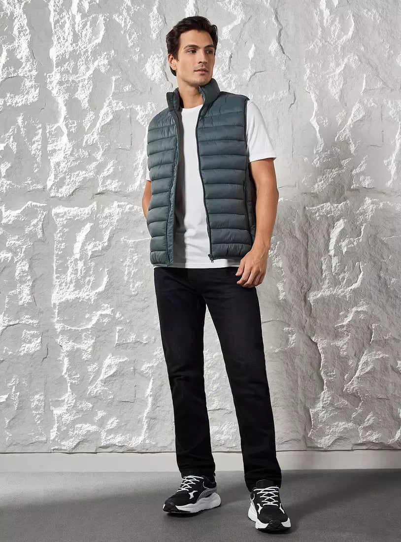 Plain Sleeveless Puffer Jacket with Zip Closure - Green