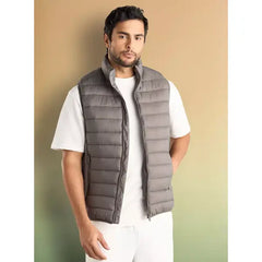 Plain Sleeveless Puffer Jacket with Zip Closure - Gray