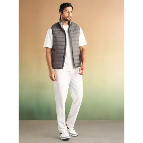 Plain Sleeveless Puffer Jacket with Zip Closure - Gray