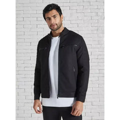 Pique Biker Jacket with Padding - Black