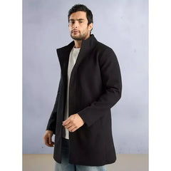 Plain Felt Trench Coat with High Neck - Black