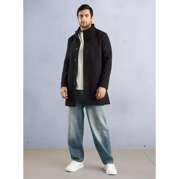 Plain Felt Trench Coat with High Neck - Black
