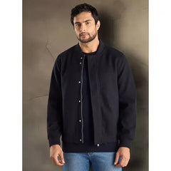 Plain Felt Zip Through Bomber Jacket - Blue