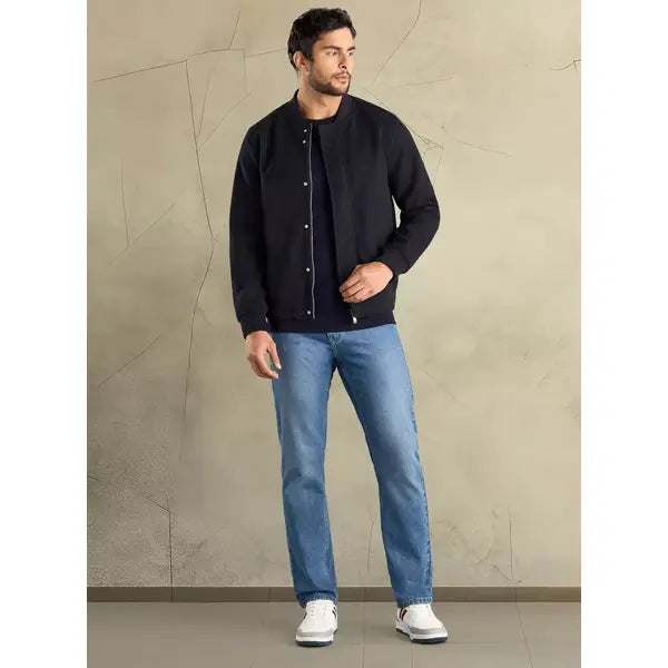Plain Felt Zip Through Bomber Jacket - Blue