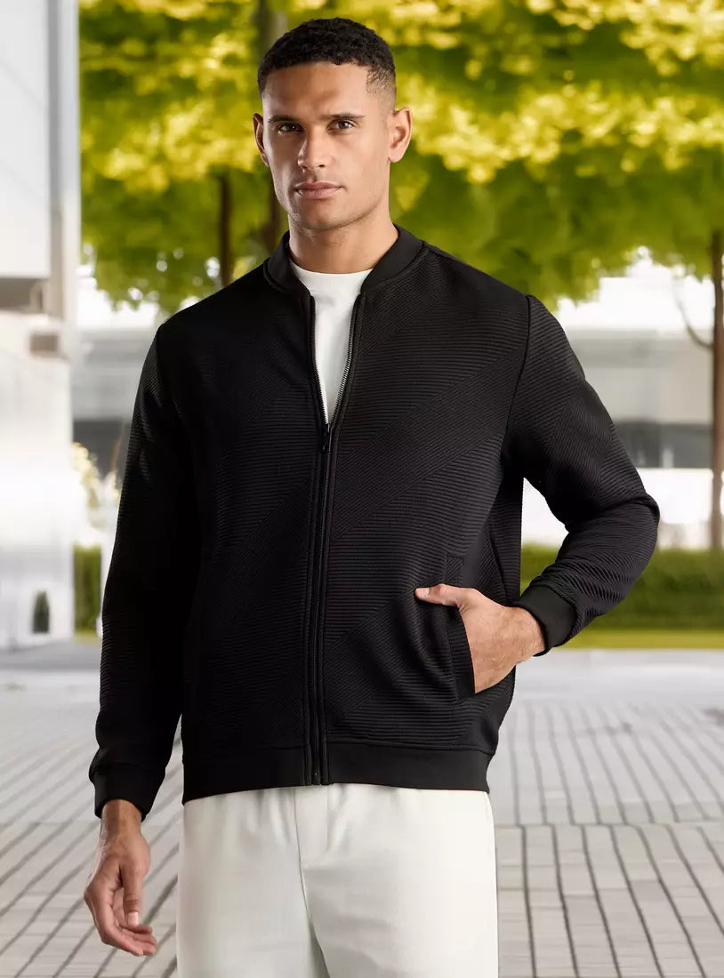 Textured Zip Through Bomber Jacket - Black
