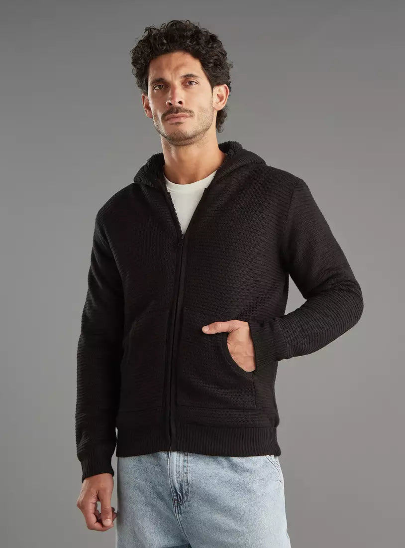 Textured Zip Through Hooded Sweater Black