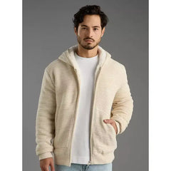 Textured Zip Through Hooded Sweater Cream
