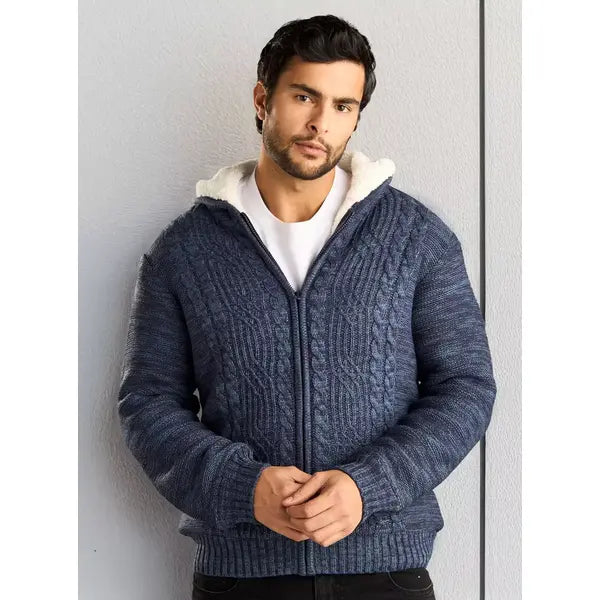 Cable Textured Sherpa Lined Sweater Blue