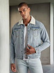Plain Denim Borg Lined Trucker Jacket - Blue
