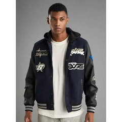 Applique Detail Bomber Jacket with Hood - Blue