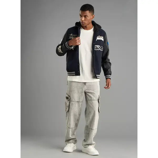 Applique Detail Bomber Jacket with Hood - Blue