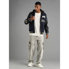 Applique Detail Bomber Jacket with Hood - Blue