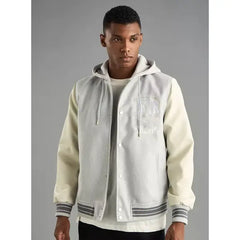 Typographic Detail Hooded Felt Bomber Jacket - Gray